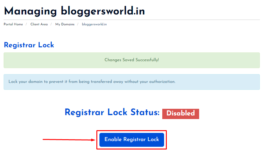 Click on enable Registrar Lock