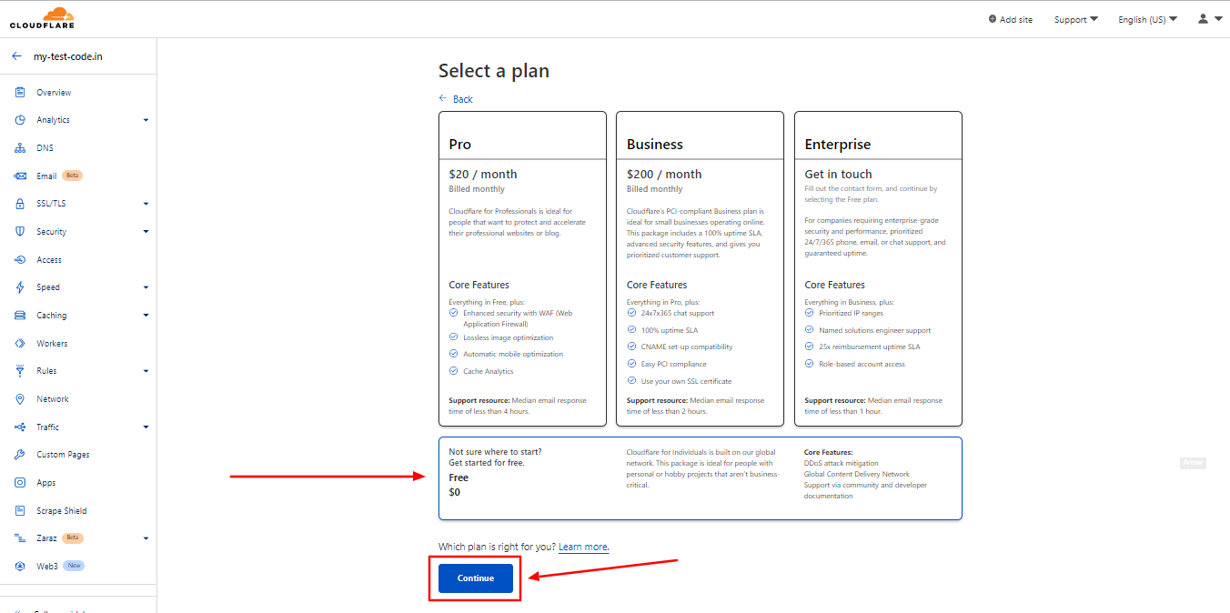 Select a Cloudflare plan